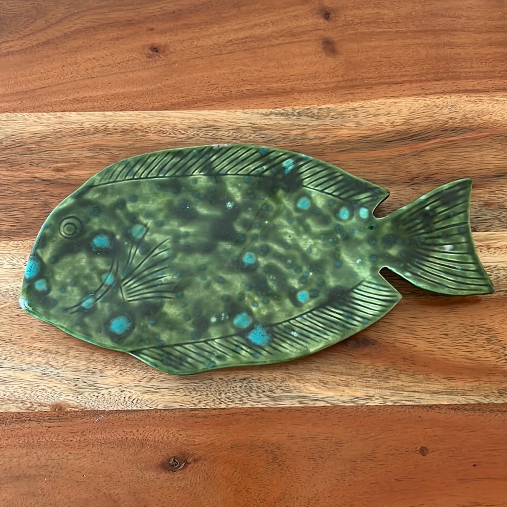 Vintage MCM Ceramic Drip Glaze Fish Trinket Dish / Catchall in Green and Blue